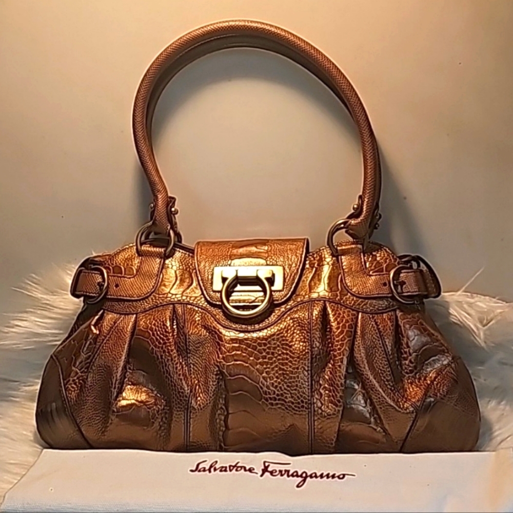 SALVATOR FERRAGAMO OSTRICH HAND BAG BROWN LEATHER